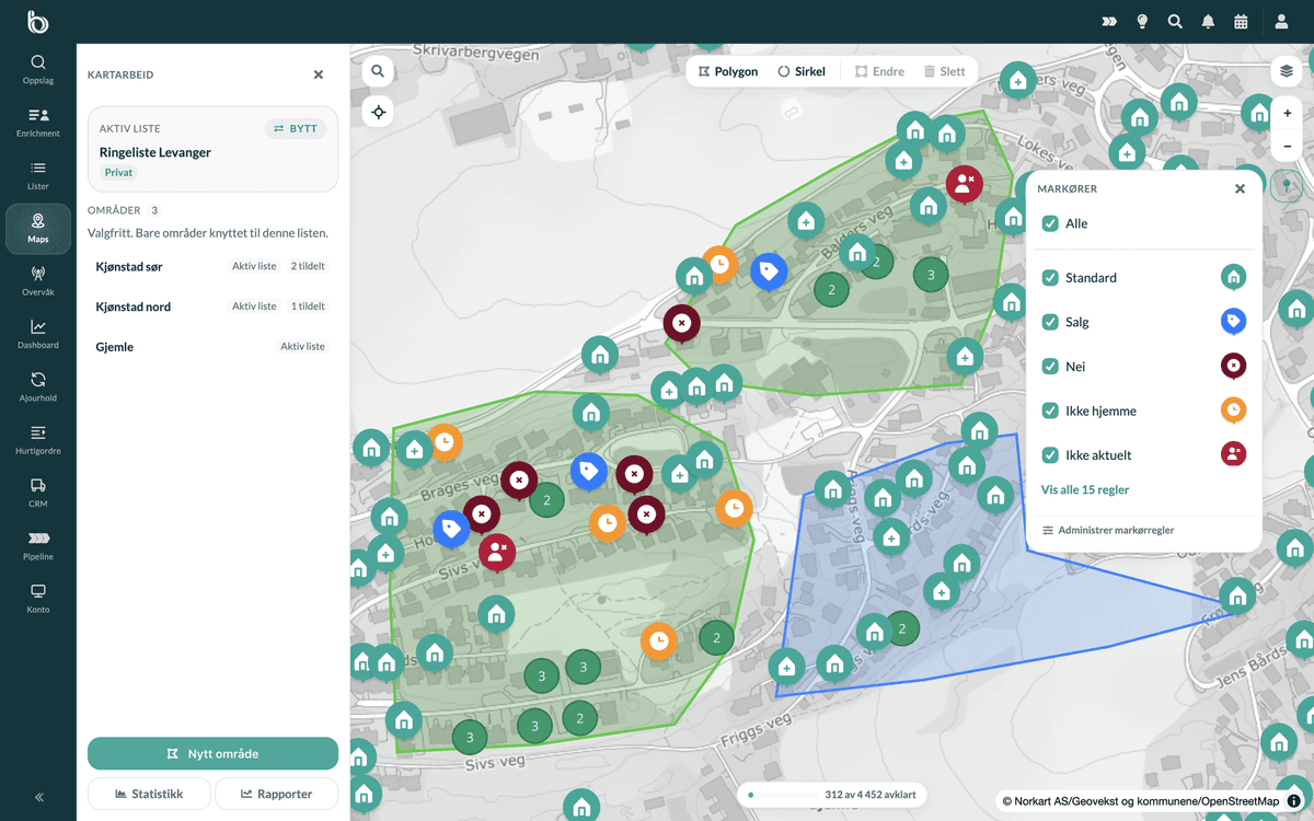 Byndle Maps med soner, selgerteam og markørregler på gatenivå
