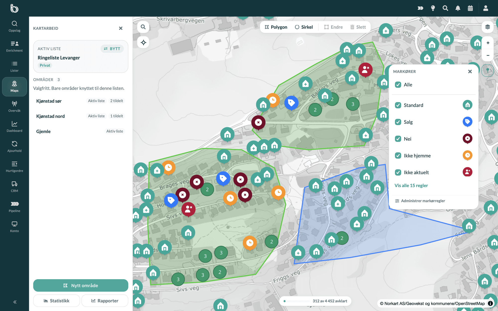 Byndle Maps i portalen: ringeliste på kart med soner, selgerteam og markørregler